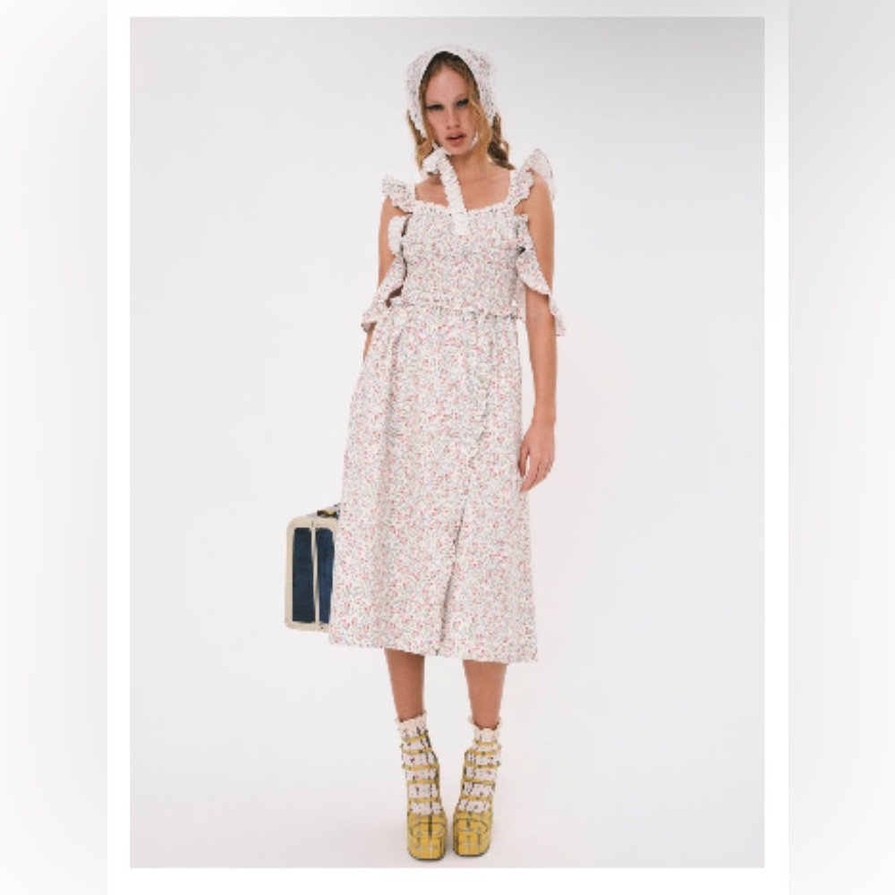 For Love And Lemons Cream and Pink Floral Midi Dress